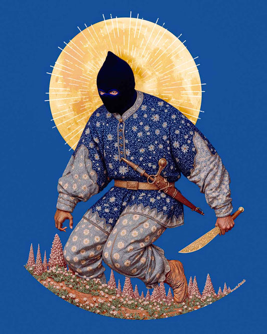 Person in traditional outfit with mask and sword, kneeling on a blue background with sun and trees.