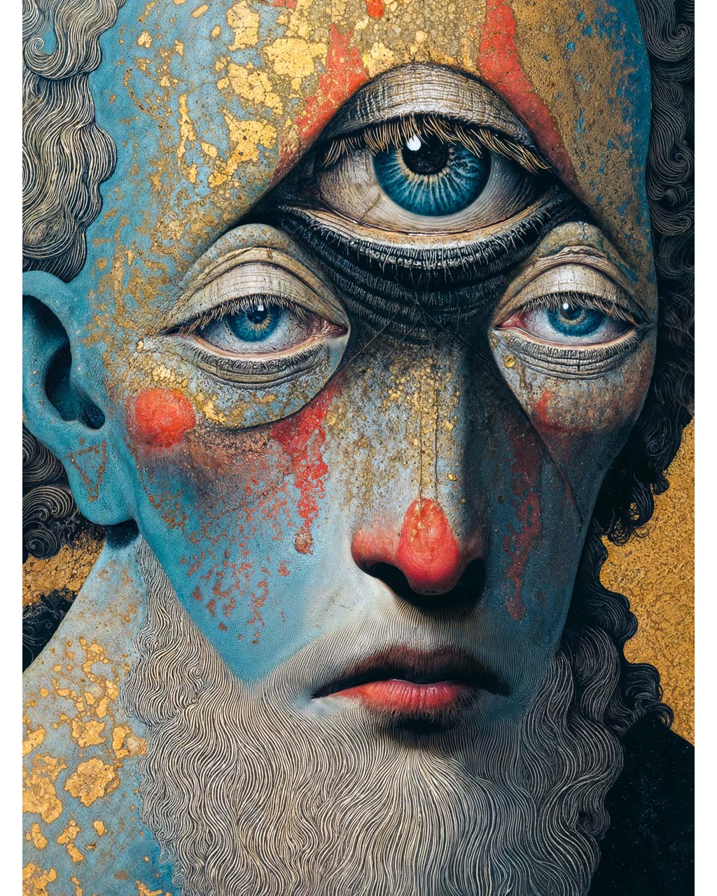 Surreal three-eyed portrait with blue skin, gold texture and red markings.