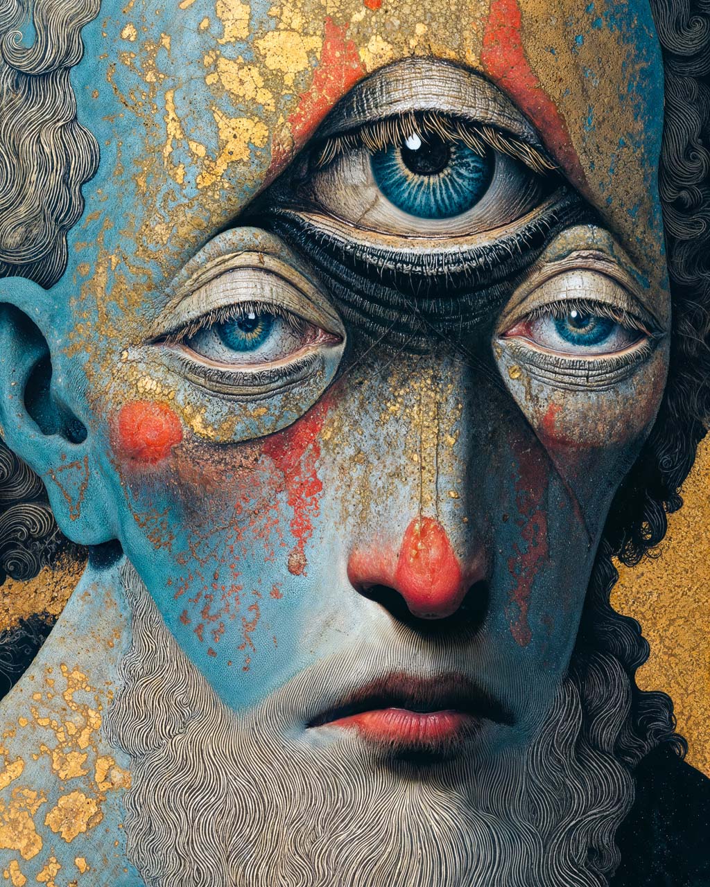Surreal three-eyed portrait with blue skin, gold texture and red markings.