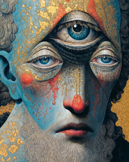Surreal three-eyed portrait with blue skin, gold texture and red markings.