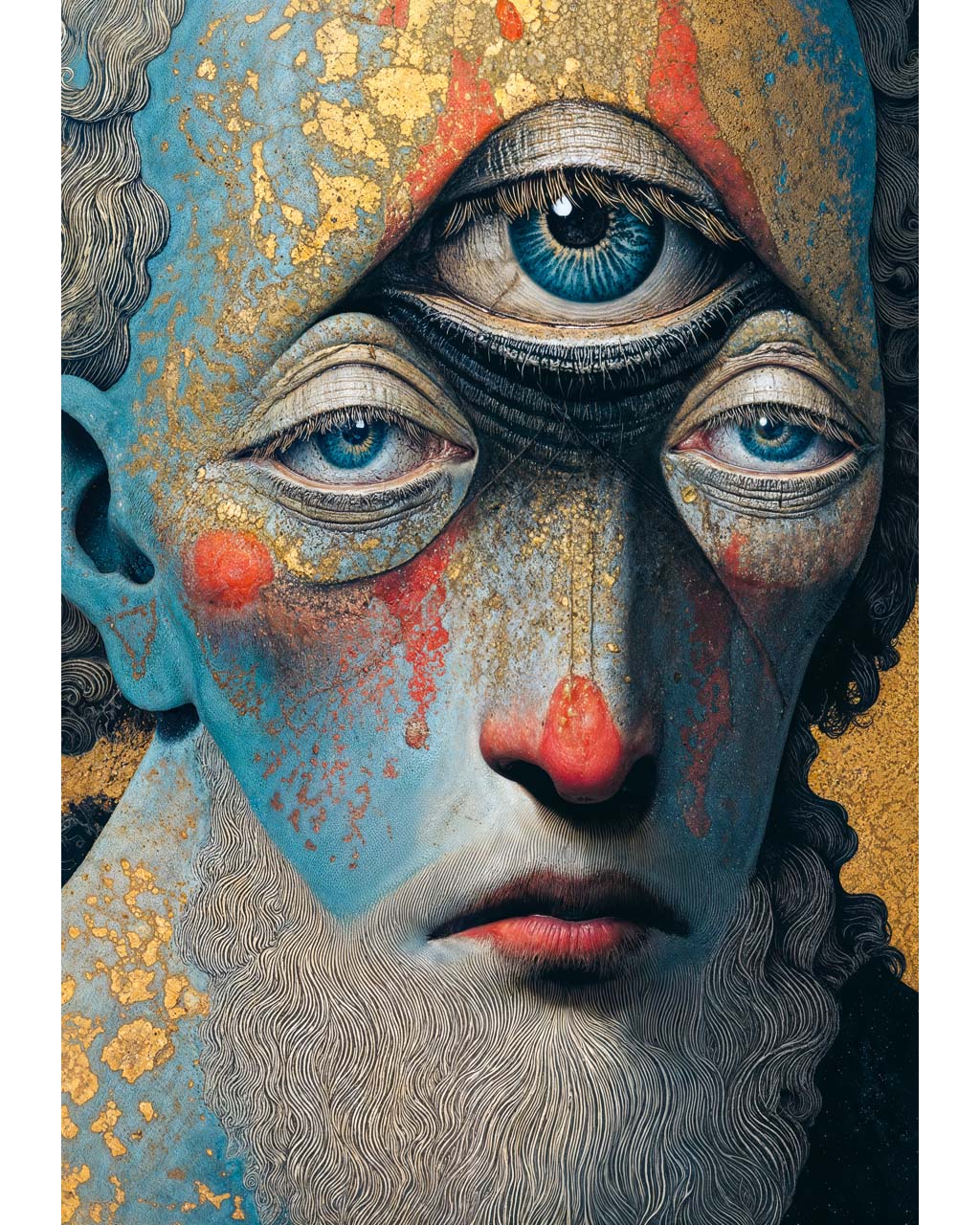 Surreal three-eyed portrait with blue skin, gold texture and red markings.