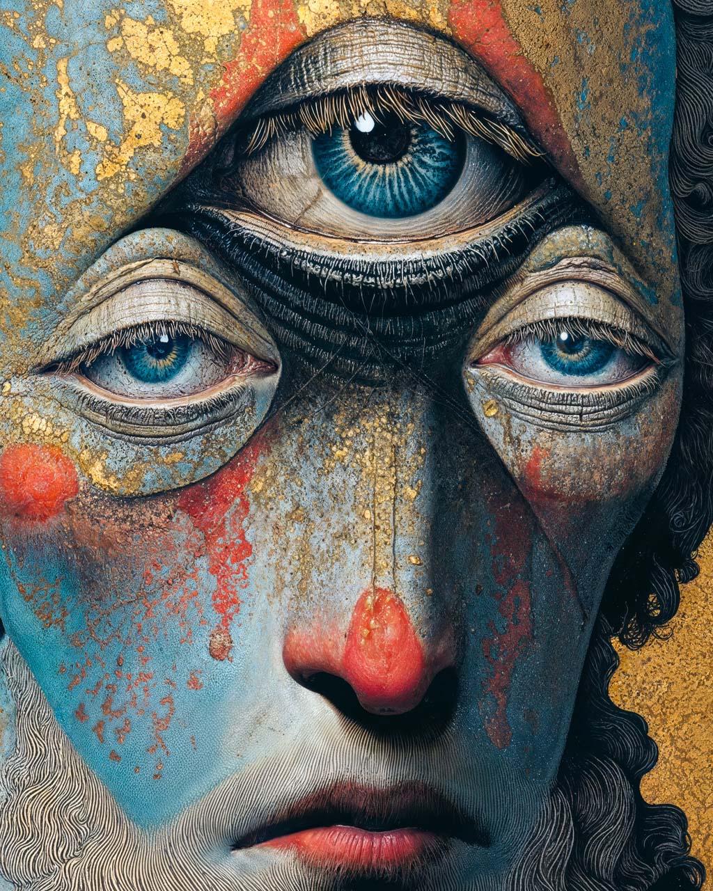 Close-up of a surreal three-eyed face with blue eyes, gold details and weathered texture.