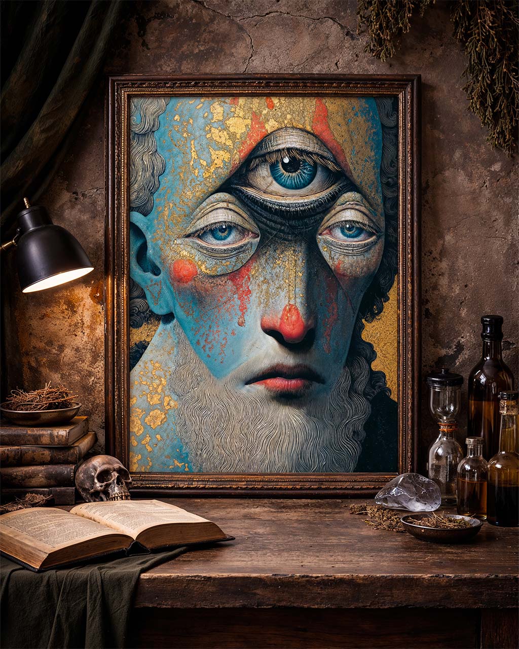 The Third Devotion surreal art poster in an ornate frame on a dark rustic table.