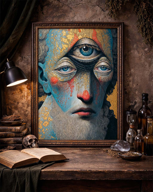 The Third Devotion surreal art poster in an ornate frame on a dark rustic table.