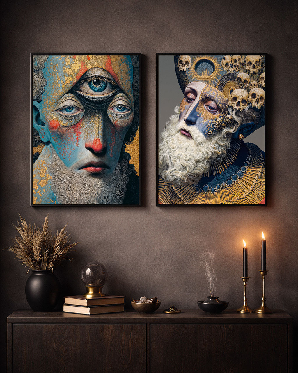 Two framed surreal occult art posters displayed on a dark wall with candles and decorative objects.