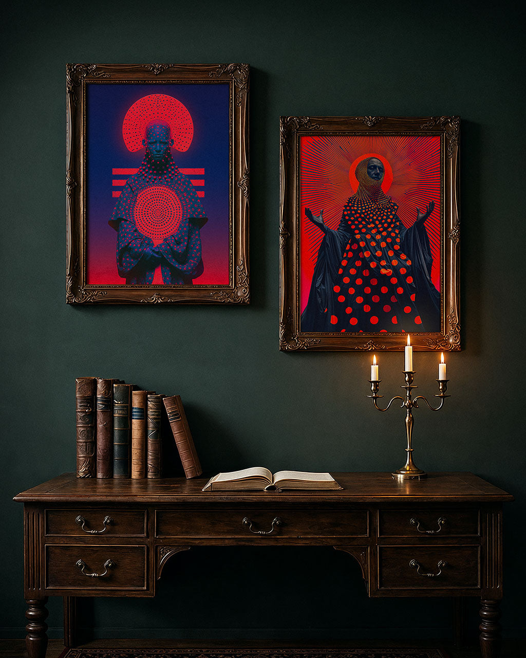 Two artistic portraits on a wall with a dark wooden shelf below.
