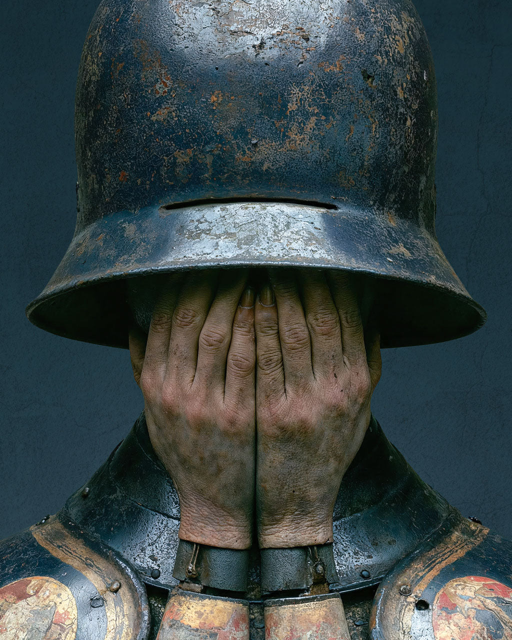 Close-up of hands covering the face of a figure in distressed armour