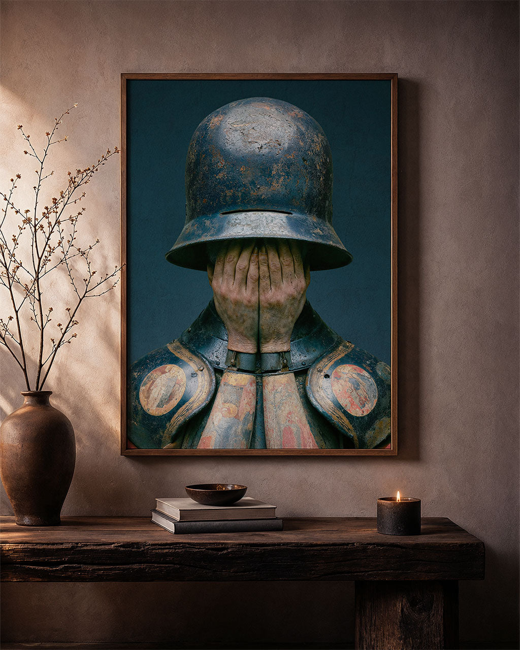 Undone surreal art poster displayed in a warm, rustic interior