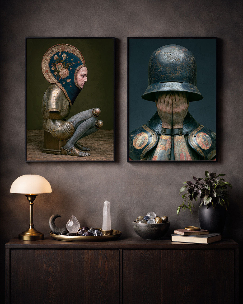 Two surreal art posters, Undone and Disarmed, displayed together