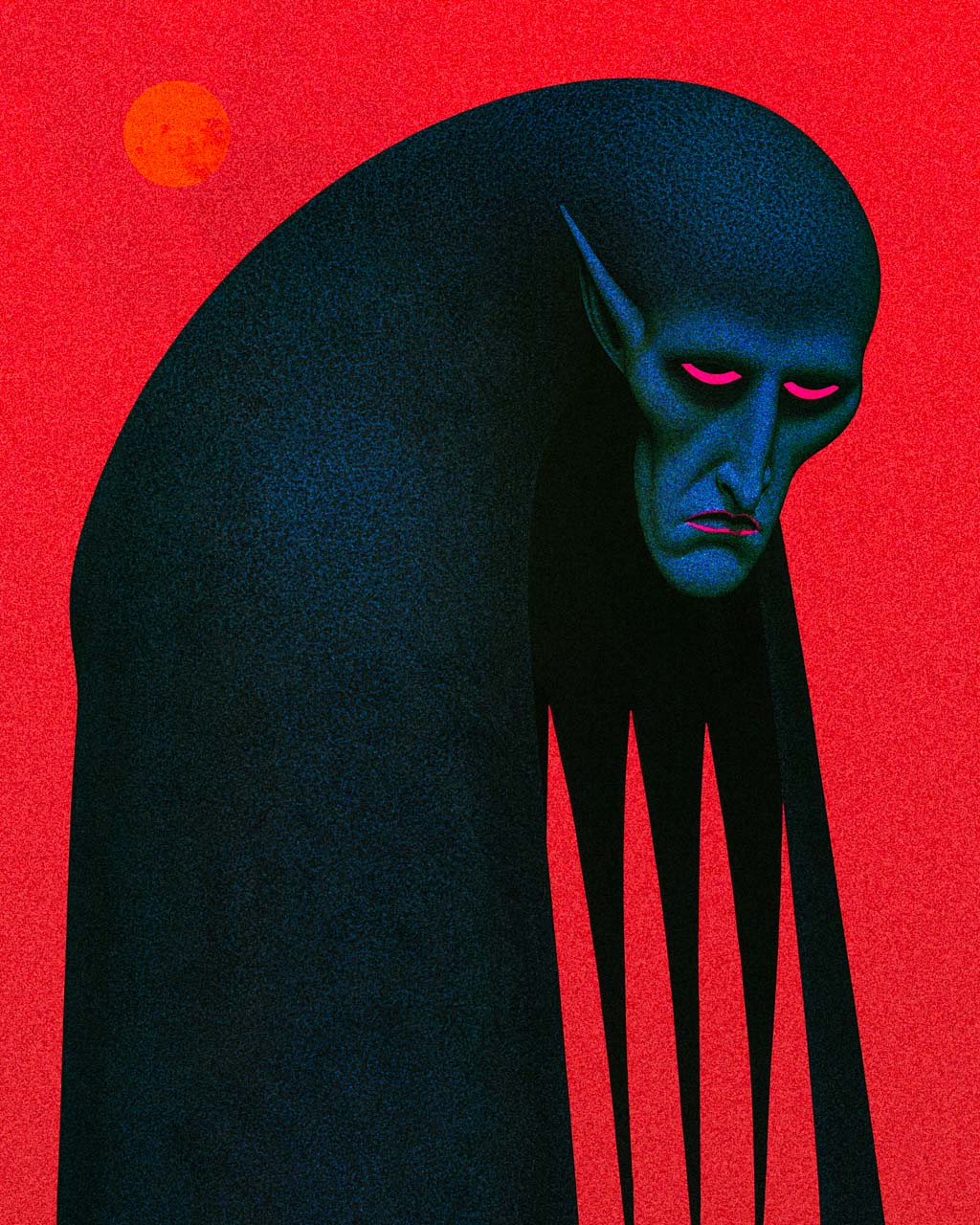 An Uninvited Guest gothic surreal art print featuring a sinister blue-faced figure with an elongated black body, glowing pink eyes and a small orange moon against a vivid red background.