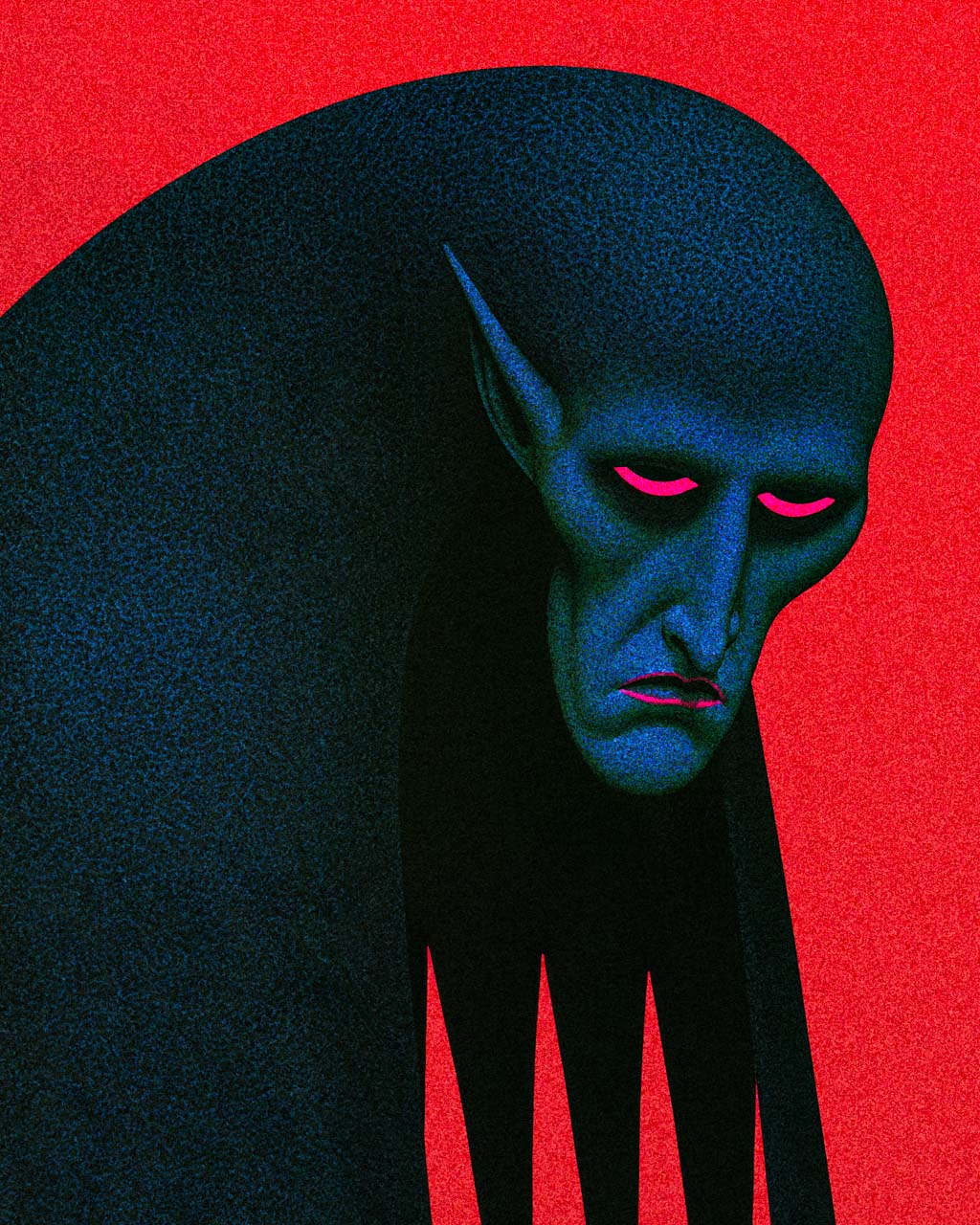 Close-up of An Uninvited Guest art print showing the creature's gaunt blue face, pointed ear, narrow pink eyes and grainy texture against a bright red background.