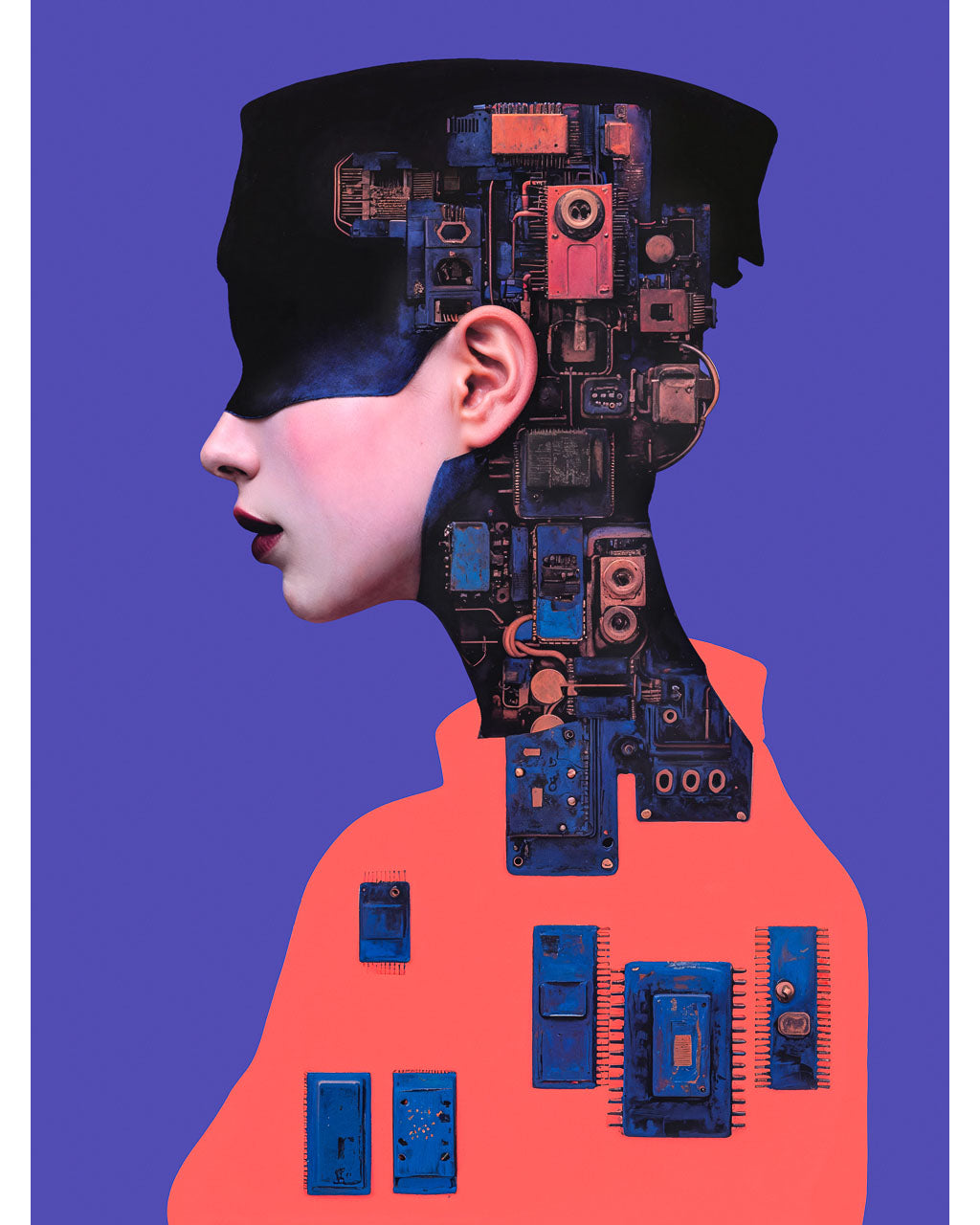 Profile portrait of a blindfolded figure with mechanical components forming the head and neck against a purple background.