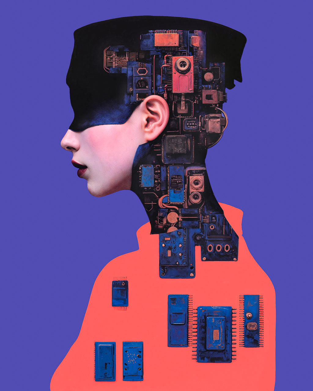 Profile portrait of a blindfolded figure with mechanical components forming the head and neck against a purple background.