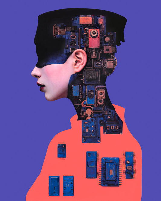 Profile portrait of a blindfolded figure with mechanical components forming the head and neck against a purple background.