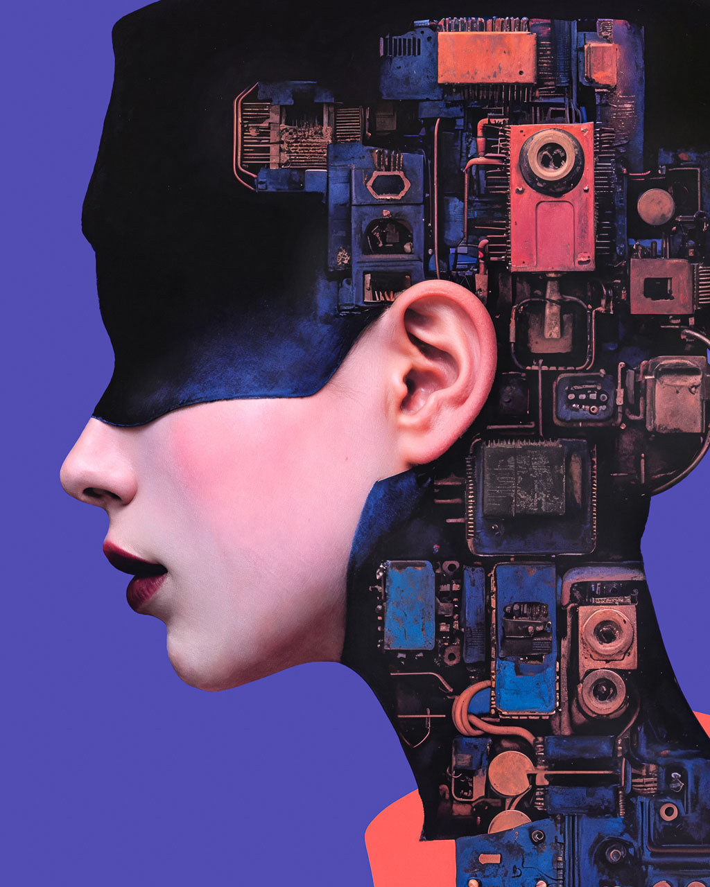 Closeup of the head and neck structure with intricate details of layered circuits and mechanical components.