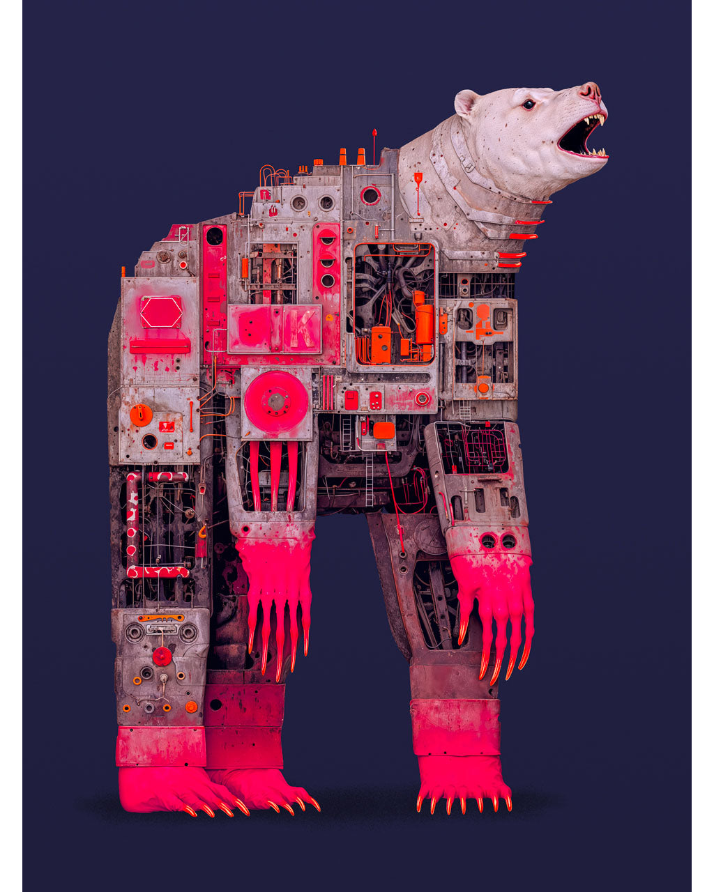 A surreal mechanical bear made of industrial machinery and glowing red components, standing against a dark blue background.