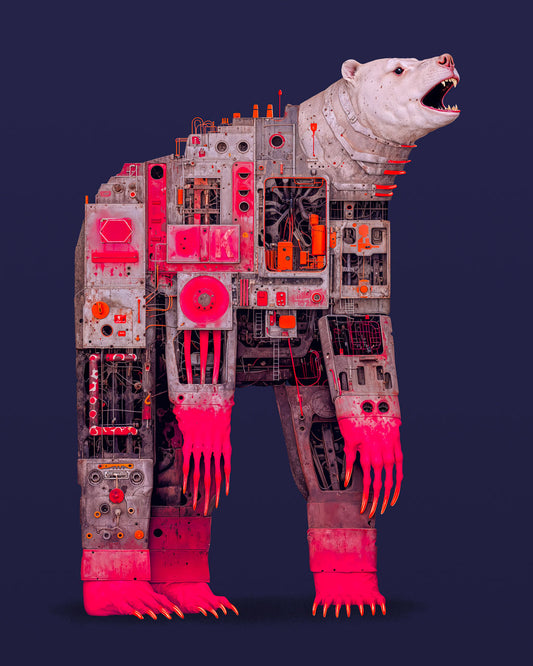 A surreal mechanical bear made of industrial machinery and glowing red components, standing against a dark blue background.