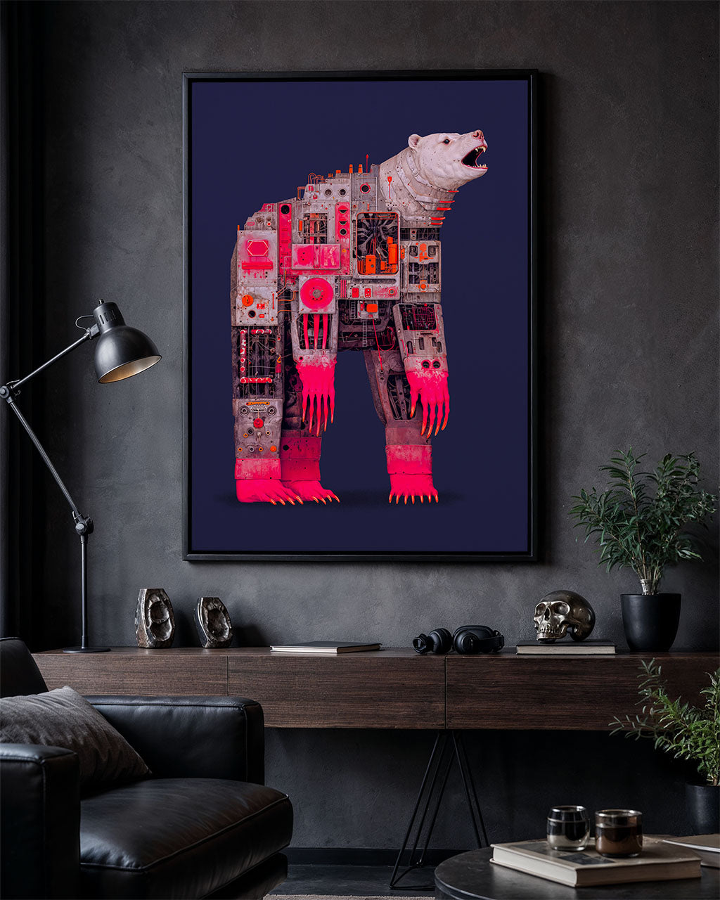 Framed poster of a surreal mechanical bear artwork displayed in a modern interior.