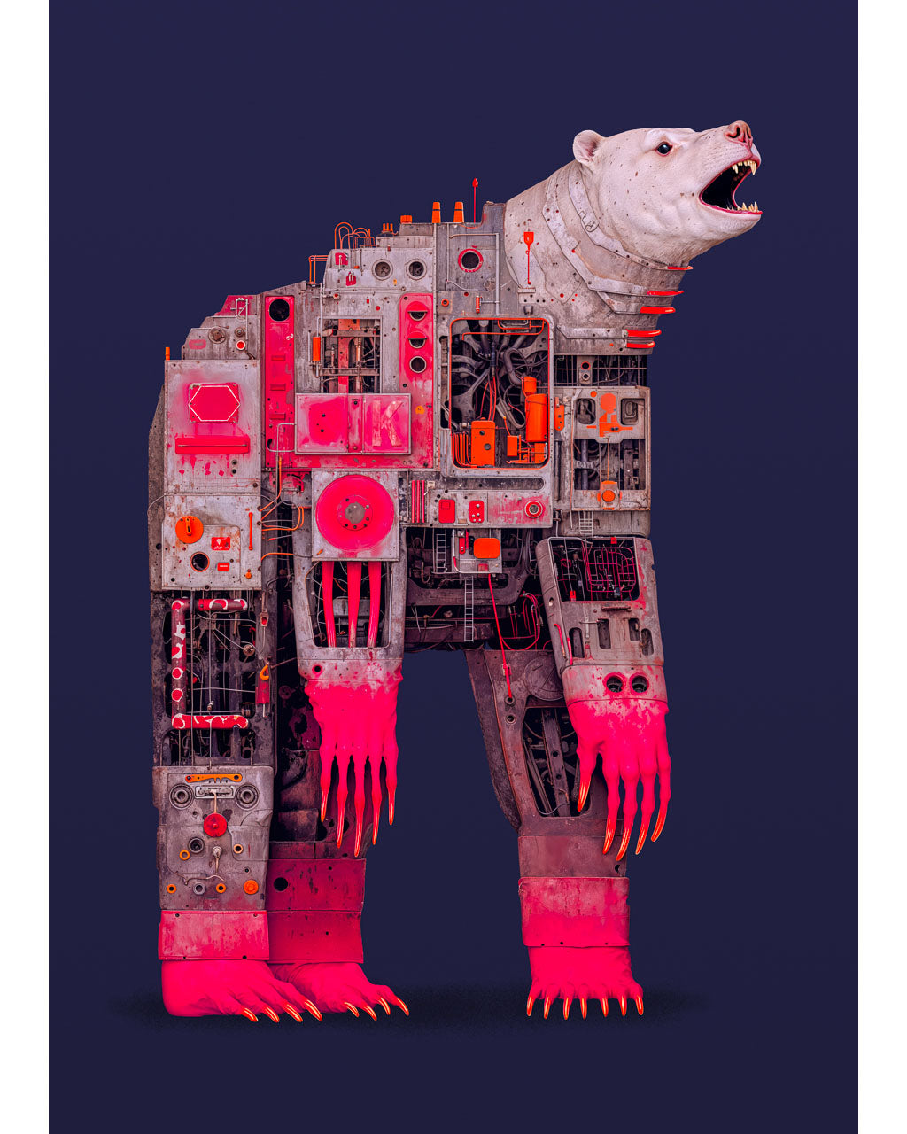 A surreal mechanical bear made of industrial machinery and glowing red components, standing against a dark blue background.