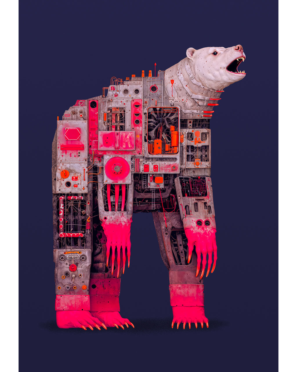 A surreal mechanical bear made of industrial machinery and glowing red components, standing against a dark blue background.