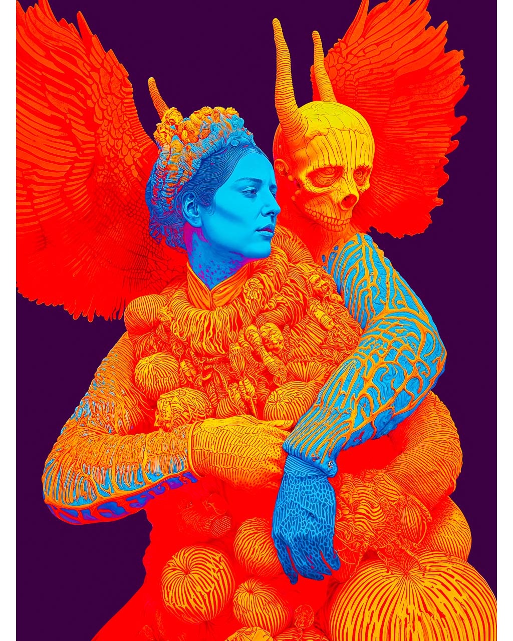 Surreal art poster with a blue-faced figure, winged skull figure and vivid orange details