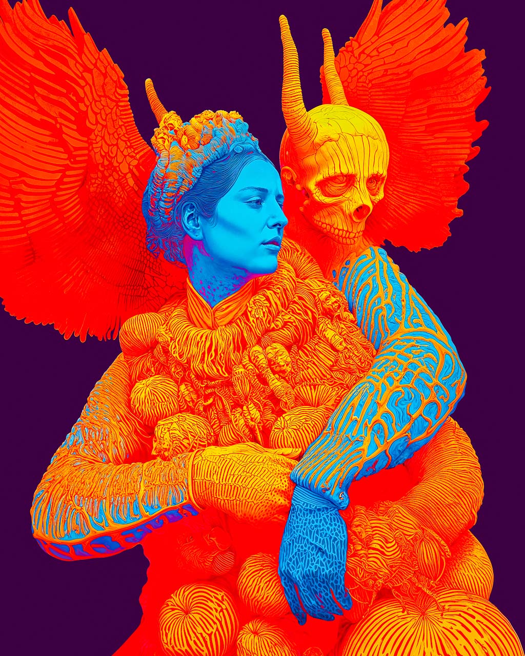 Surreal art poster with a blue-faced figure, winged skull figure and vivid orange details