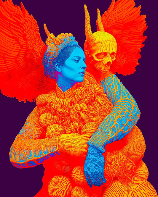 Surreal art poster with a blue-faced figure, winged skull figure and vivid orange details