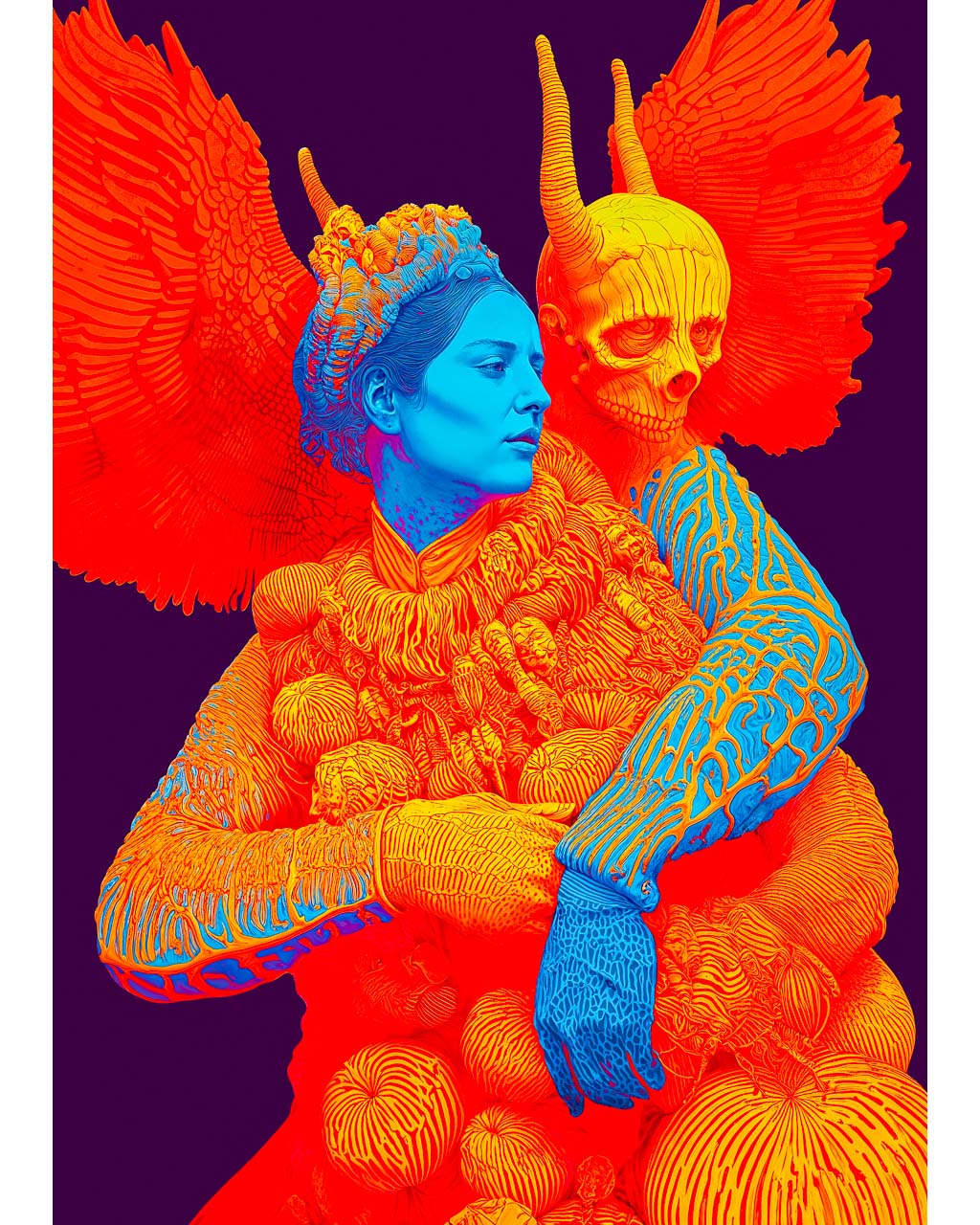 Surreal art poster with a blue-faced figure, winged skull figure and vivid orange details