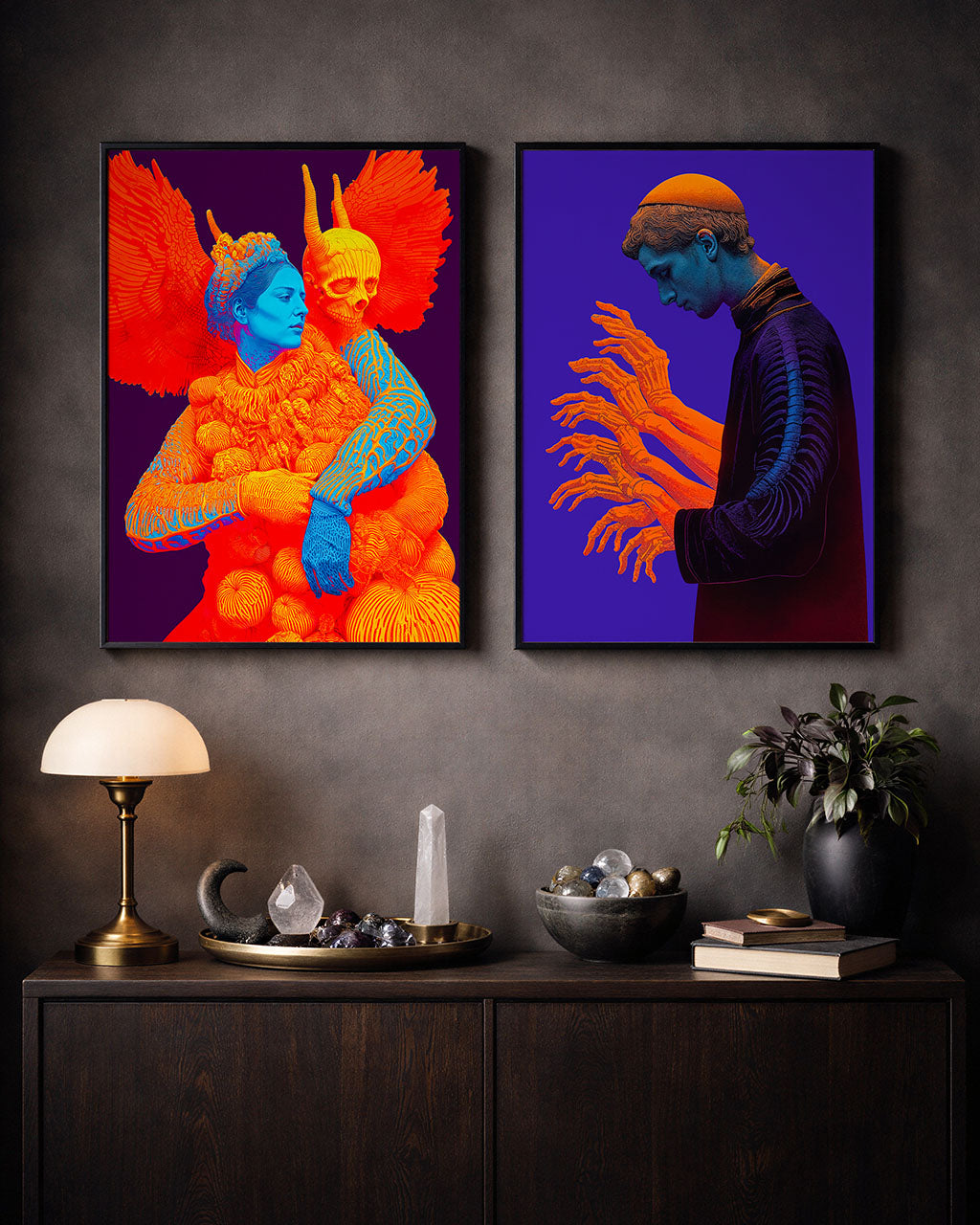 Two surreal art posters on a dark interior wall