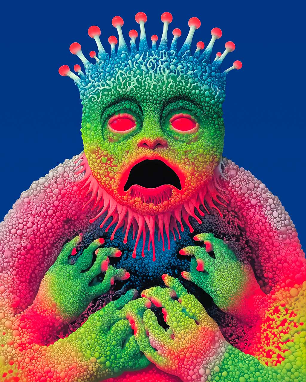 Surreal artwork with a germ-like figure, vibrant colours and intricate details.