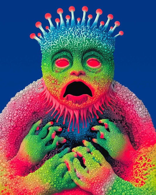 Surreal artwork with a germ-like figure, vibrant colours and intricate details.