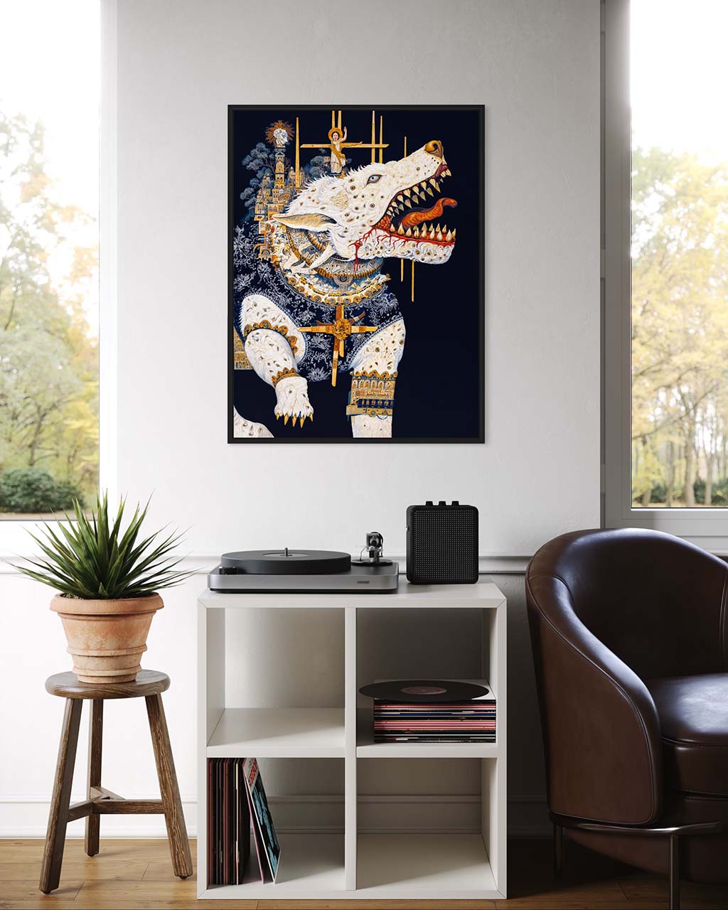 Framed artwork on the wall, featuring a white wolf with golden crosses and bloodied teeth.