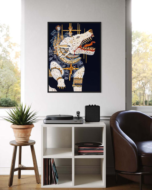 Framed artwork on the wall, featuring a white wolf with golden crosses and bloodied teeth.