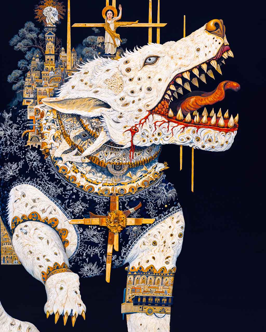 Surreal white wolf with golden crosses, bloodied teeth, and intricate city-like patterns across its body.