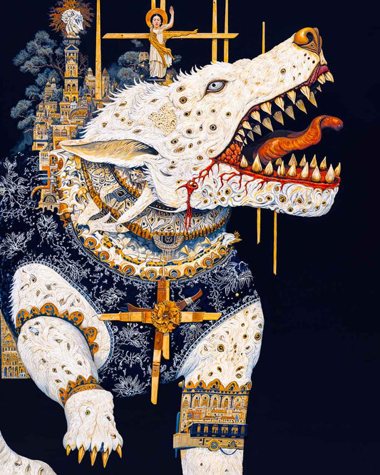 Surreal white wolf with golden crosses, bloodied teeth, and intricate city-like patterns across its body.