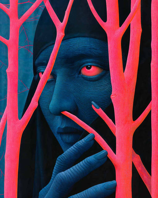Surreal art poster featuring a mysterious blue woman hiding behind pink tree branches.