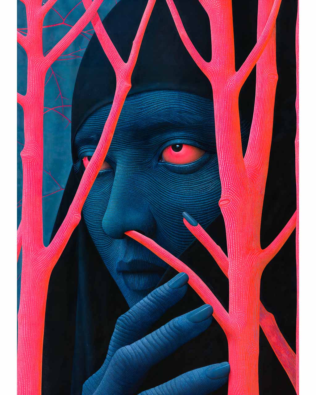 Surreal art poster featuring a mysterious blue woman hiding behind pink tree branches.