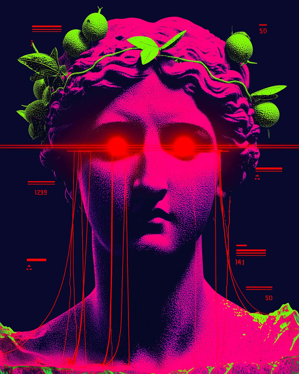 Surreal art poster with a neon pink classical bust, glowing red eyes and green leaves