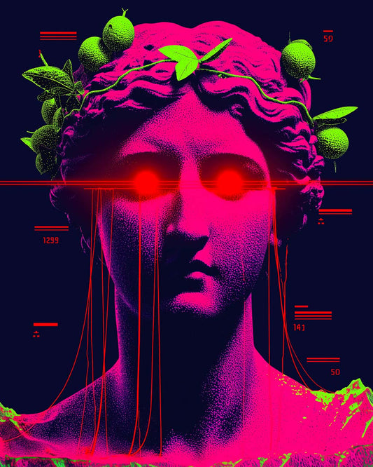 Surreal art poster with a neon pink classical bust, glowing red eyes and green leaves