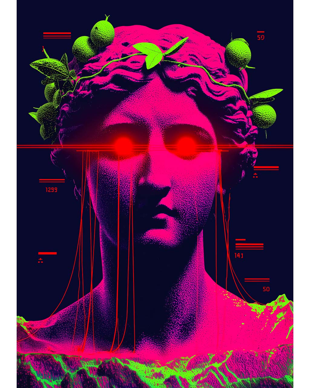 Surreal art poster with a neon pink classical bust, glowing red eyes and green leaves