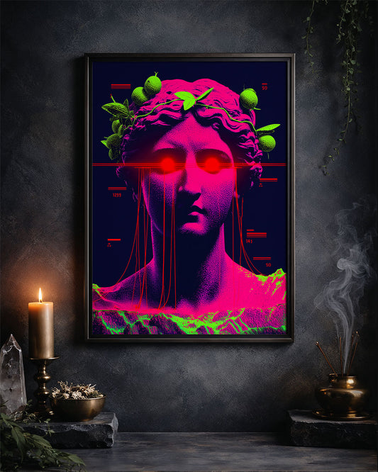 Framed artwork of a stylized face with red eyes and green leaves on a dark wall.